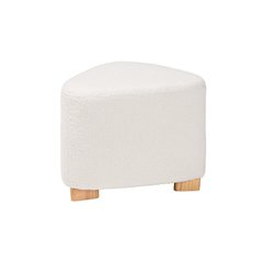 Ivory Boucle Upholstered and Natural Brown Finished Wood Ottoman