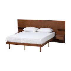 Walnut Finished Wood Queen Size Platform Storage Bed with Built-In Nightstands