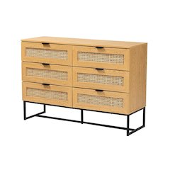 Black Metal 6-Drawer Storage Cabinet with Natural Rattan