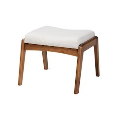 Off-White Boucle Upholstered and Walnut Brown Finished Wood Ottoman Footstool
