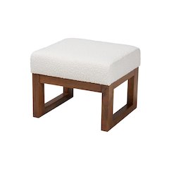 Off-White Boucle Upholstered and Walnut Brown Finished Wood Ottoman Footstool