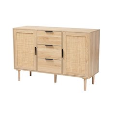 Natural Brown Finished Wood and Natural Rattan 3-Drawer Sideboard