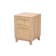 Light Brown Finished Wood and Natural Rattan 1-Drawer End Table