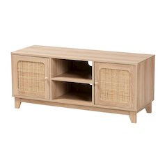 Light Brown Finished Wood and Natural Rattan 2-Door TV Stand