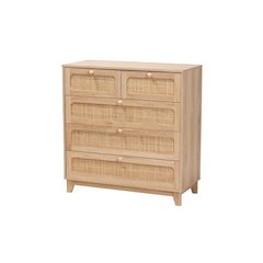 Oak Brown Finished Wood and Natural Rattan 5-Drawer Storage Cabinet