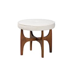 Cream Boucle Fabric and Walnut Brown Finished Rubberwood Ottoman Footstool