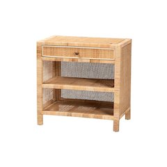 Bohemian Natural Brown Mahogany Wood and Natural Rattan 1-Drawer Console Table