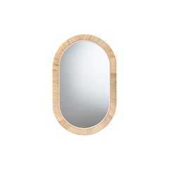 Modern Bohemian Natural Brown Mahogany Wood and Natural Rattan Oval Mirror