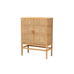 Bohemian Natural Brown Rattan and Mahogany Wood 3-Shelf Storage Cabinet