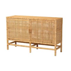 Bohemian Natural Brown Rattan and Mahogany Wood Storage Cabinet