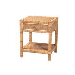 Bohemian Natural Rattan and Mahogany Wood 1-Drawer Nightstand