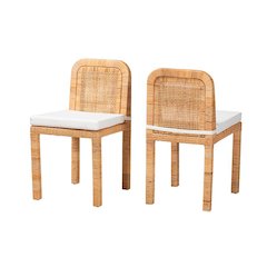Bohemian Natural Brown Rattan and Mahogany Wood 2-Piece Dining Chair Set