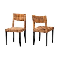 Bohemian Dark Brown Finished Wood and Natural Rattan 2-Piece Dining Chair Set