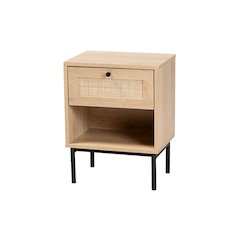 Light Brown and Black 1-Drawer End Table with Woven Rattan Accent