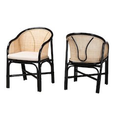 Bohemian Two-Tone Black and Natural Brown Rattan 2-Piece Dining Chair Set