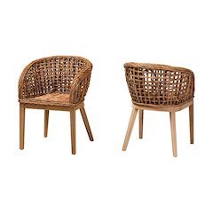 Bohemian Natural Brown Finished Teak Wood and Rattan 2-Piece Dining Chair Set