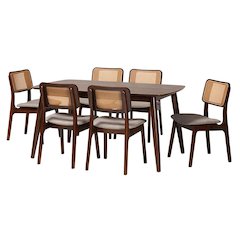 Grey Fabric and Walnut Brown Finished Wood 7-Piece Dining Set