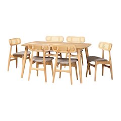 Grey Fabric and Natural Oak Finished Wood 7-Piece Dining Set