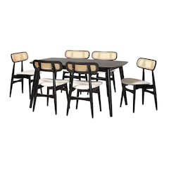 Cream Fabric and Black Finished Wood 7-Piece Dining Set