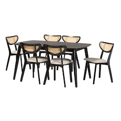 Cream Fabric and Black Finished Wood 7-Piece Dining Set