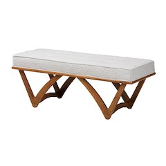 Chenoa Japandi Light Grey Boucle Fabric and Walnut Brown Finished Wood Bench