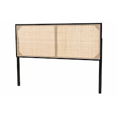 Bohemian Black Finished Bayur Wood and Natural Rattan Queen Size Headboard