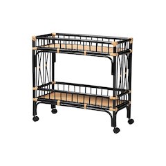 Bohemian Two-Tone Black and Natural Brown Rattan 2-Tier Kitchen Cart