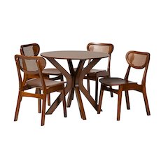 Walnut Brown Finished Wood and Woven Rattan 5-Piece Dining Set