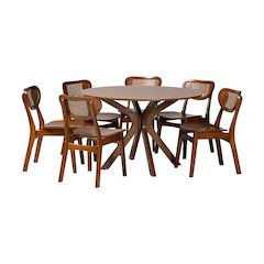 Walnut Brown Finished Wood and Woven Rattan 7-Piece Dining Set