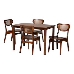 Walnut Brown Finished Wood and Woven Rattan 5-Piece Dining Set