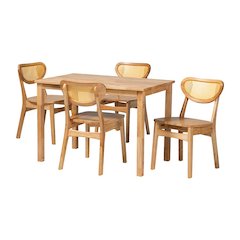 Oak Brown Finished Wood and Rattan 5-Piece Dining Set