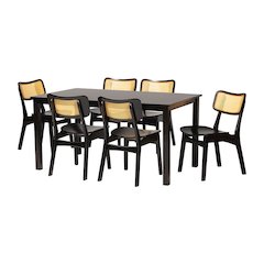 Estera Mid-Century Modern Dark Brown Finished Wood and Rattan 7-Piece Dining Set