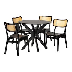 Linnet Mid-Century Modern Dark Brown Finished Wood and Rattan 5-Piece Dining Set