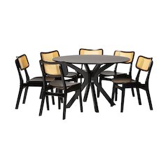 Linnet Mid-Century Modern Dark Brown Finished Wood and Rattan 7-Piece Dining Set