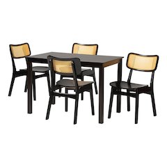 Estera Mid-Century Modern Dark Brown Finished Wood and Rattan 5-Piece Dining Set