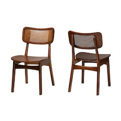 Walnut Brown Finished Wood and Rattan 2-Piece Dining Chair Set