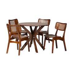 Walnut Brown Finished Wood and Rattan 5-Piece Dining Set