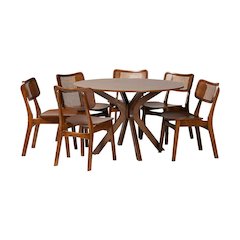 Walnut Brown Finished Wood and Rattan 7-Piece Dining Set