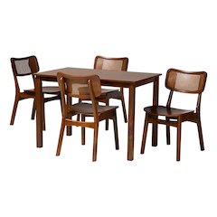 Walnut Brown Finished Wood and Rattan 5-Piece Dining Set