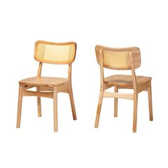 Oak Brown Finished Wood and Rattan 2-Piece Dining Chair Set