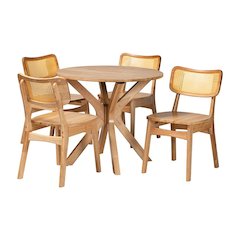 Camilo Mid-Century Modern Oak Brown Finished Wood and Rattan 5-Piece Dining Set