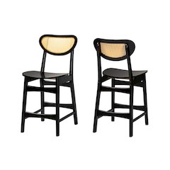 Dark Brown Finished Wood and Rattan 2-Piece Counter Stool Set