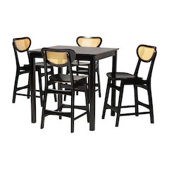 Hesper Mid-Century Modern Dark Brown Finished Wood and Rattan 5-Piece Pub Set