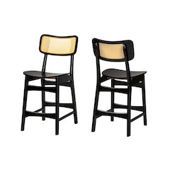 Dark Brown Finished Wood and Rattan 2-Piece Counter Stool Set