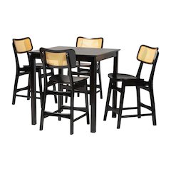 Tafari Mid-Century Modern Dark Brown Finished Wood and Rattan Pub Set
