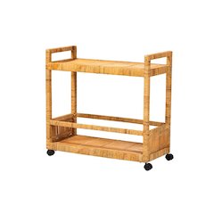 Bohemian Natural Brown Rattan and Teak Wood 2-Tier Kitchen Cart
