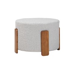 Light Grey Boucle Fabric and Walnut Brown Finished Wood Ottoman Footstool