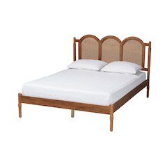 Modern Walnut Brown Finished Wood Queen Size Platform Bed with Woven Rattan