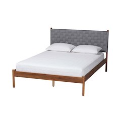 Modern Grey Woven Fabric and Walnut Brown Wood Queen Size Platform Bed