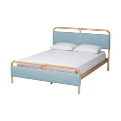 Contemporary Baby Blue Fabric and Natural Wood Queen Size Platform Bed